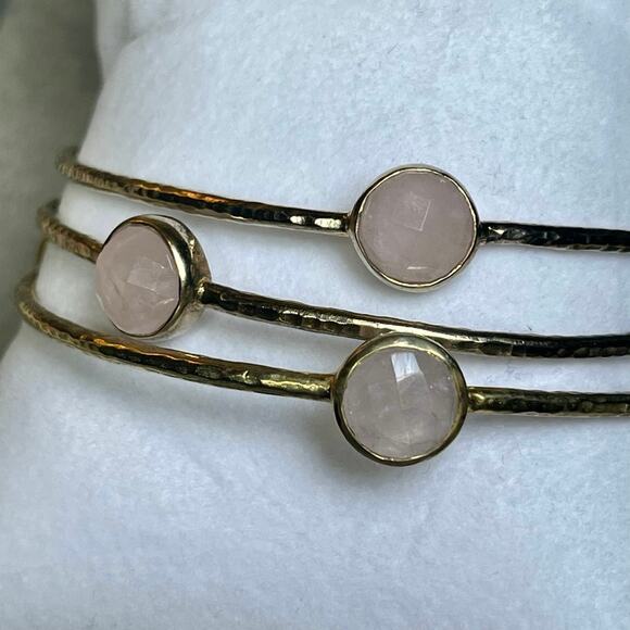 Julie Vos Gold Bangles Set of 3 Rose Quartz Pink Boho Luxe Stackable Bracelets - Picture 3 of 9